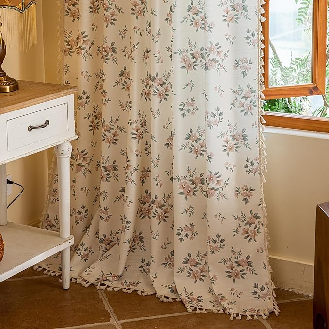 OYX Pink Boho Floral Window Curtains 63 Inch Long 2 Panels, French Vintage Farmhouse Vintage Country Rustic Tassels Printed Drapes for Living Room Bedroom, Rod Pocket Light Filtering Decor Aesthetic