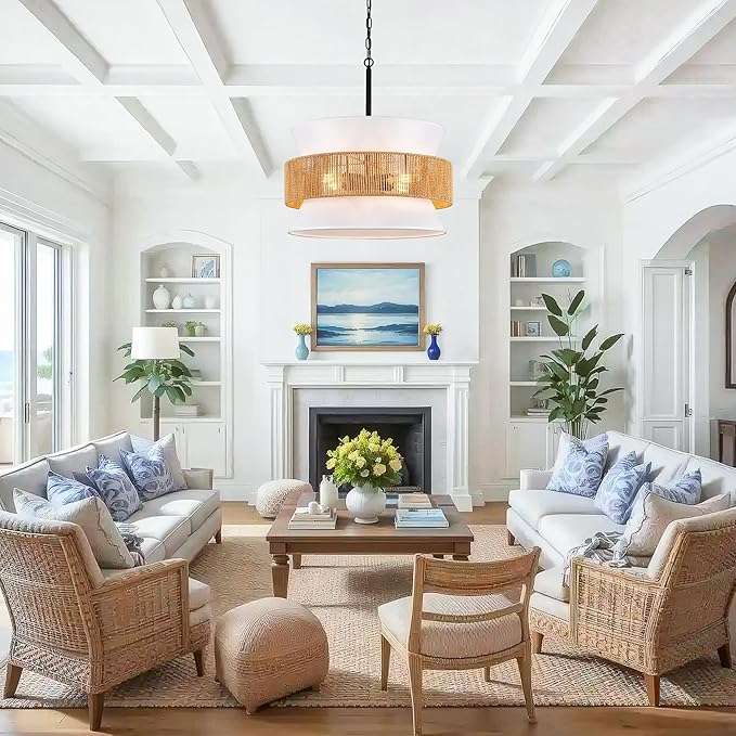 4 Lights Rattan Drum Chandelier - 20" Adjustable Boho Pendant Light with White Fabric Shade, Modern Wicker Chandeliers for Dining Room, Living Room, Kitchen, Bedroom
