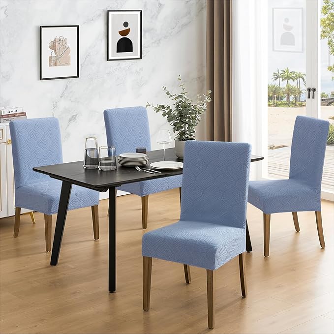 MOSAYT 100% Waterproof Dining Room Chair Covers Set of 4, Super Fit Stretch Jacquard Parson Chairs Slipcovers Removable Washable Chair Seat Protectors for Home, Kitchen, Banquet (Light Blue - XL)