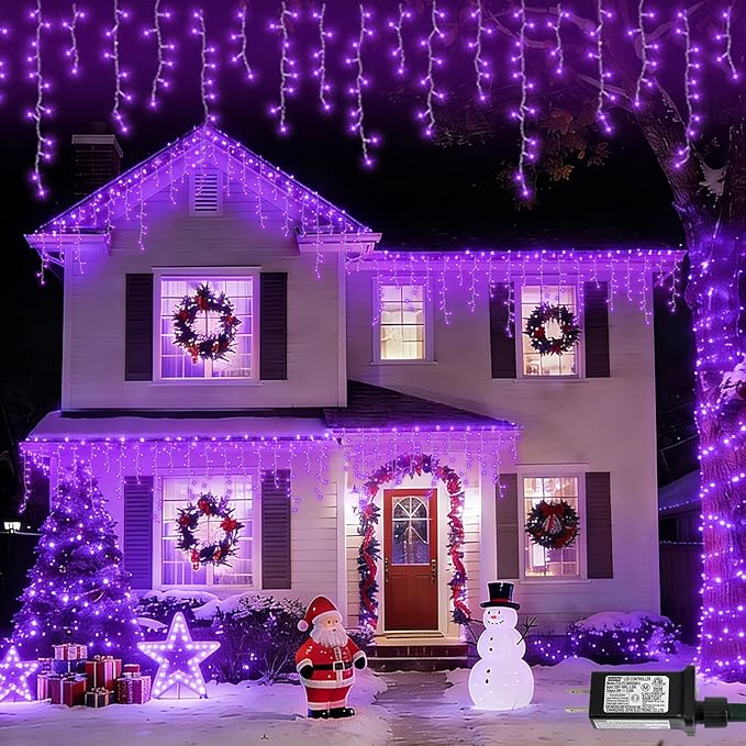 YEGUO 33ft 400 LED Purple Icicle Christmas Lights Outdoor Waterproof, 80 Drops Icicle Light Connectable, 8 Modes Christmas Lights Indoor with Memory Timer