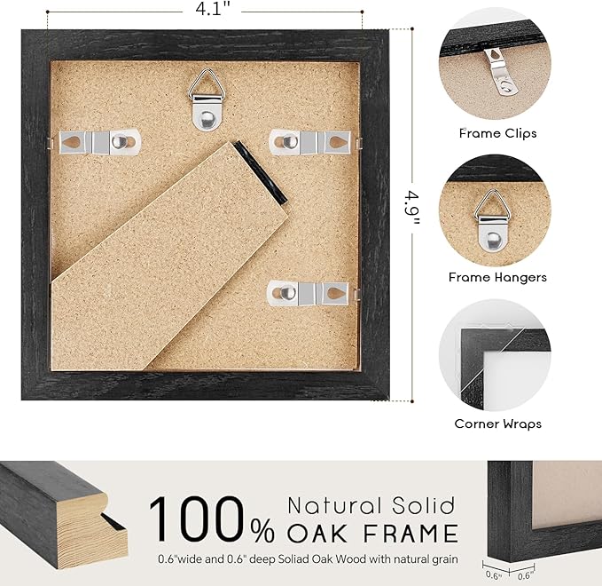 4x4 Oak Wood Picture Frame - 4"x4" Photo Frame, 4x4 Picture Frame Wood, Natural Solid Wooden Picture Frames for Wall Art Photo and Prints(3 Pack, Black)