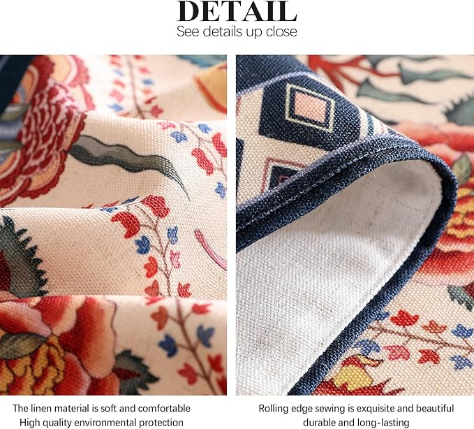 Rectangular Flower Table Runner 87 Inches Long,Farmhouse Linen Floral Table Runners with Navy Blue Border,Fall Decorations for Home Thanksgiving Christmas Party.12*87"-Lanae