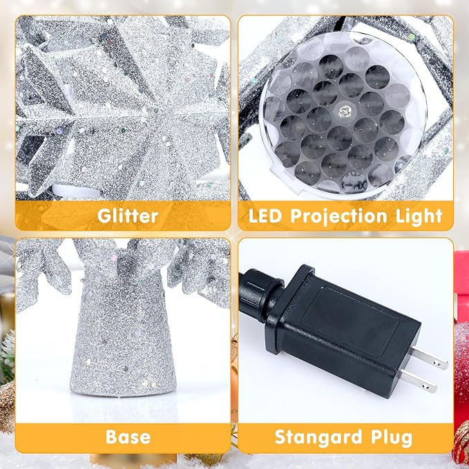 Christmas Tree Topper Lighted, Rotating Star Pattern Projector, 3D Hollow Glitter Lighted Snow Tree Topper for Xmas Party Holiday Christmas Tree Decorations(Silver Snow)