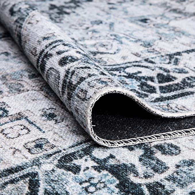 Bloom Rugs Caria Washable Non-Slip 5x7 Rug - Denim Blue Traditional Area Rug for Living Room, Bedroom, Dining Room, and Kitchen - Exact Size: 5' x 7'