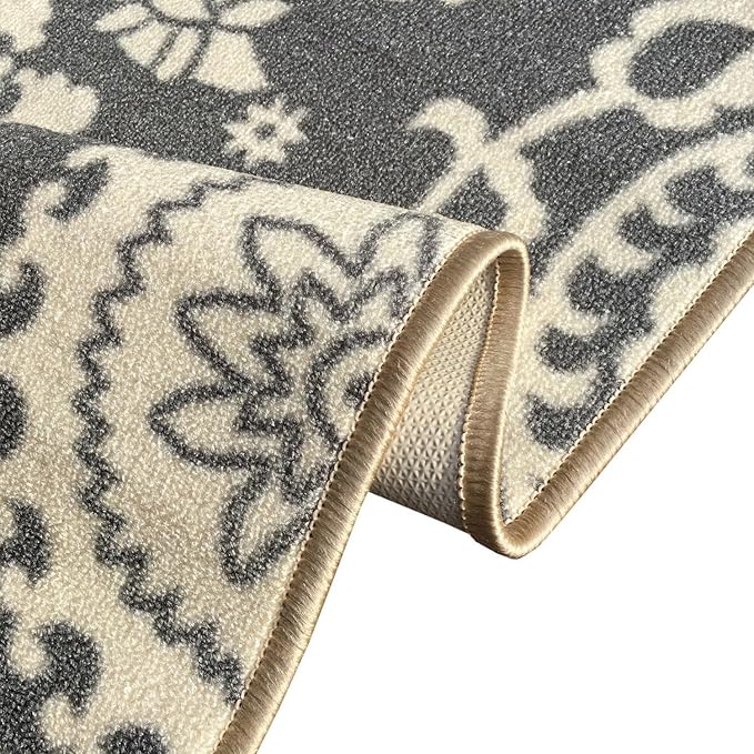 Kapaqua Custom Size Grey Floral Medallion Rubber Backed Non-Slip Hallway Stair Runner Rug Carpet 31 inch Wide Choose Your Length 31in X 25ft