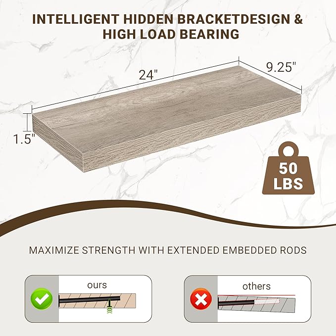 24 Inch Floating Shelves, 3D Textured Wood Grain, 24"x9.25"x1.5" Inch Deep Floating Shelves for Wall, Wooden Shelves for Bathroom, Bedroom, Living Room, Vintage Gray Oak, 2 Pieces
