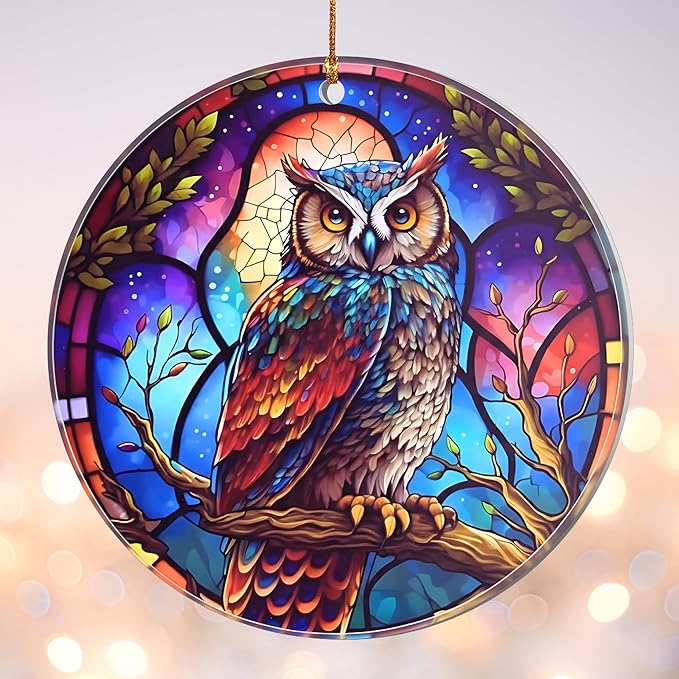 Moonlit Owl Christmas Ornament – Stained Glass Owl Acrylic Tree Decoration – Dated Holiday Decor for Navidad 2025 – Colorful Night Bird Ornament – Christmas Ornaments Clearance
