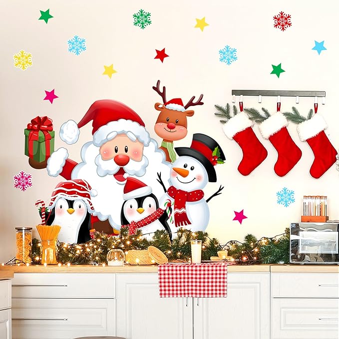 Christmas Wall Stickers Decor- Flower Wall Decals Peel and Stick Xmas Santa, Reindeer, Gifts Removable Wall Art for Home Party Office Classroom Winter Holiday (E)