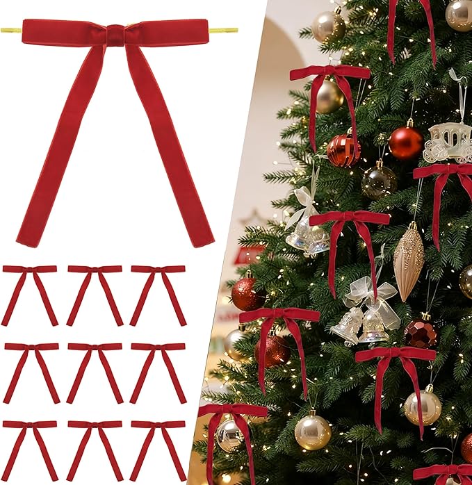 30 Pcs Red Velvet Bows for Christmas Tree Decorations, Vintage Velvet Ribbon Bows with Twist Tie for Wreath Garland Gift Wrapping Indoor Outdoor Decor