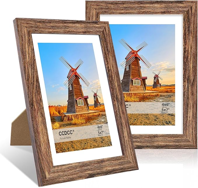 5x7 Picture Frame Set of 2, 5 x 7 Wood Photo Frames with Mat for 4x6, Natural Wooden Frame with Real Glass Cover for Wall and Tabletop Display,Rustic Brown