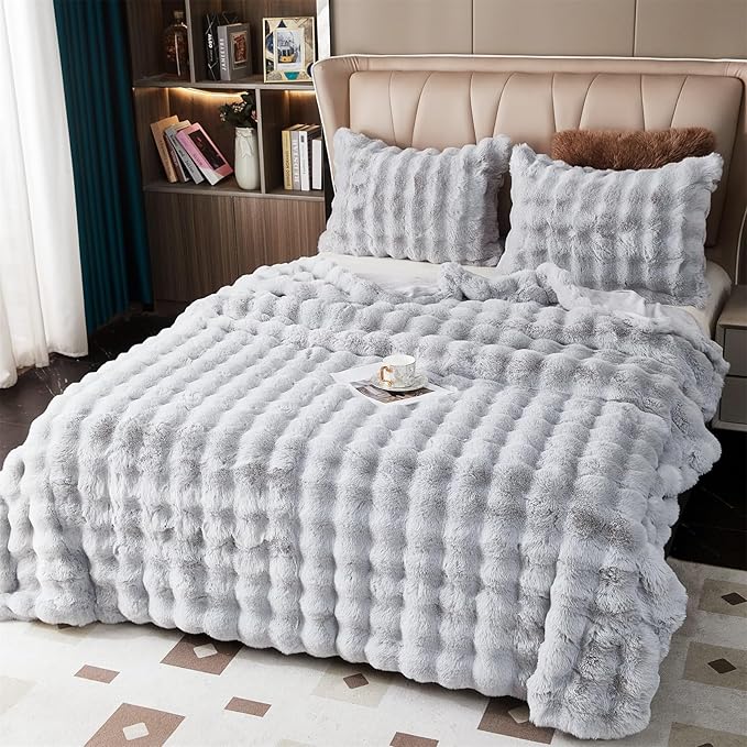 Soft Fluffy Blanket - Fuzzy Throw Blanket for Couch, Plush Rabbit Faux Fur Blanket, Cute Cozy Blankets for Women, Warm Thick Big Bubble Blankets for Bed Sofa Bedroom Living Room - 71" x 90"