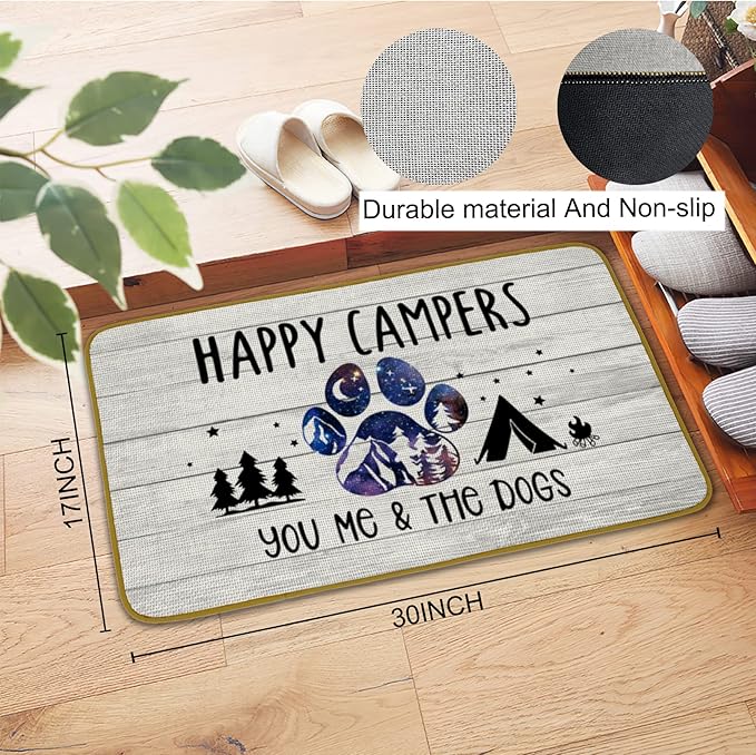 Burosev Happy Campers Decorative Doormat Camper The Dogs Floor Mat, Rustic You Me and The Dogs Paw Farmhouse Decor for Home Indoor Outdoor Front Porch Door Mat (17 x 30 Inch)