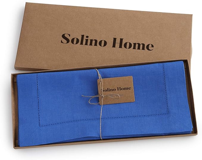 Solino Home Linen Royal Blue Table Runner 120 Inches Long - 100% Pure Linen 14 x 120 Inch Table Runner for Spring - Classic Hemstitch