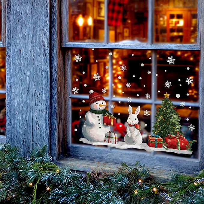 Christmas Snowman and Rabbit Wall Decals Stickers — Winter Scene with Gift Boxes and Christmas Tree Removable Vinyl Wall Decor for Living Room, Bedroom, Office, Holiday Decoration