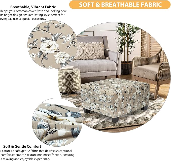 Ottoman Cover Square Slipcovers Printed,Stretch Footrest Stool Cover for Ottoman Square,Soft Foot Stool Cover Protector with Nonslip Elastic Bottom (Medium,Flower A)
