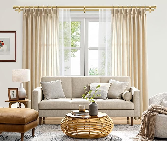 TONIAL1 Inch Double Curtain Rods 36 to 72 Inch (3 to 6 ft), Heavy Duty Decorative Drapery Rod for Windows 24 to 68 Inch (6 to 5.7 ft) with Classic Cap Finial, Gold