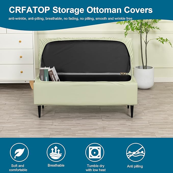 CRFATOP Waterproof PU Ottoman Stool Cover Stretch Folding Storage Footstool Bench Slipcovers Upholstered Foot Chest Chair Covers Washable Entryway Furniture Protector with Elastic Bands,M,Green