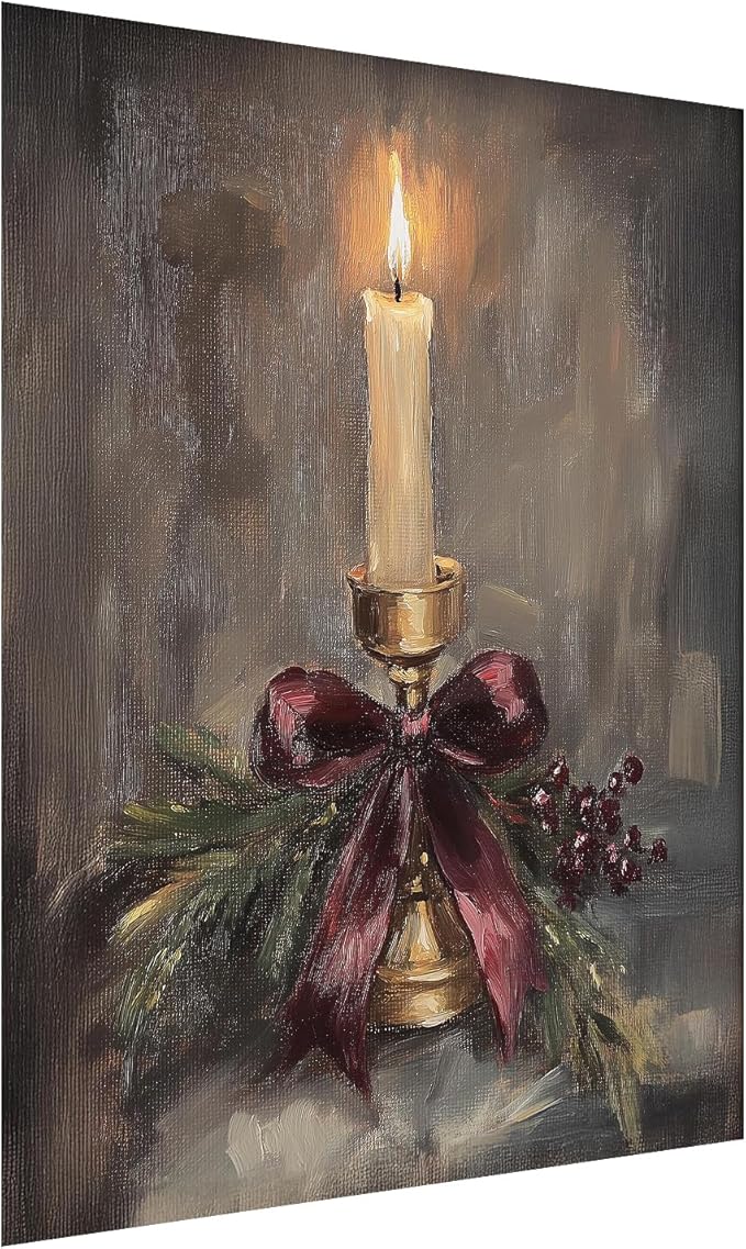 Vintage Christmas Candle Art,Christmas Vertical Candle Print,Rustic Holiday Wall Art,Burgundy Holiday Decor,Festive Victorian Stocking Art,Christmas Home Fireplace Decor16x24inchUnframed