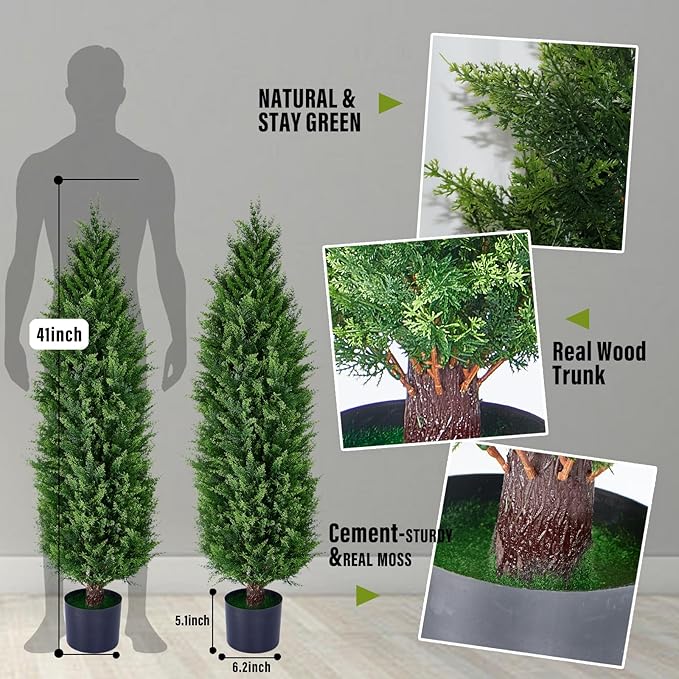 Artificial Cedar Topiary Trees, Set of 2 Lifelike Faux Pruned Cypress with Heavy-Duty Planters – UV-Resistant Outdoor Artificial Shrubs for Indoor/Outdoor Decor (40 Inches)