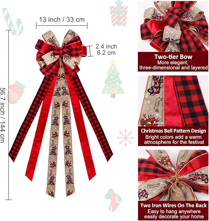 RECUTMS Red Christmas Bows 56.7x13 inches Christmas Tree Topper Bows Large Handmade Burlap Bow with Xmas Patterns Christmas Wreath Decoration for Indoor Outdoor Xmas Party Home Holiday Winter