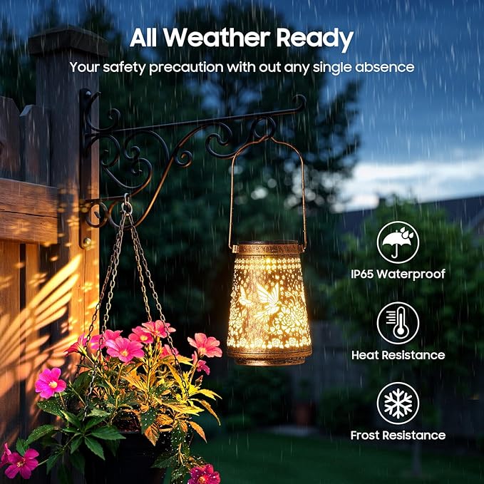 2 Pack Solar Lanterns Outdoor Waterproof Birthday Gifts for Women Mom Grandma, Hollowed-Out Metal Hummingbird Hanging Solar Lantern Lights Outdoor Decor, 2 Modes Lights Decor for Yard, Patio