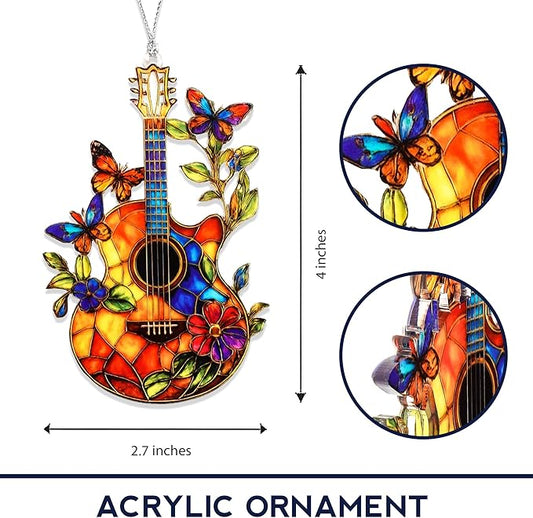 Colorful Guitar Ornament with Butterflies and Flowers, Music Themed Christmas Ornaments 2025, Acrylic Hanging Ornament for Xmas Tree Window Car, Unique Gifts for Music Lovers, Guitar Player Decor