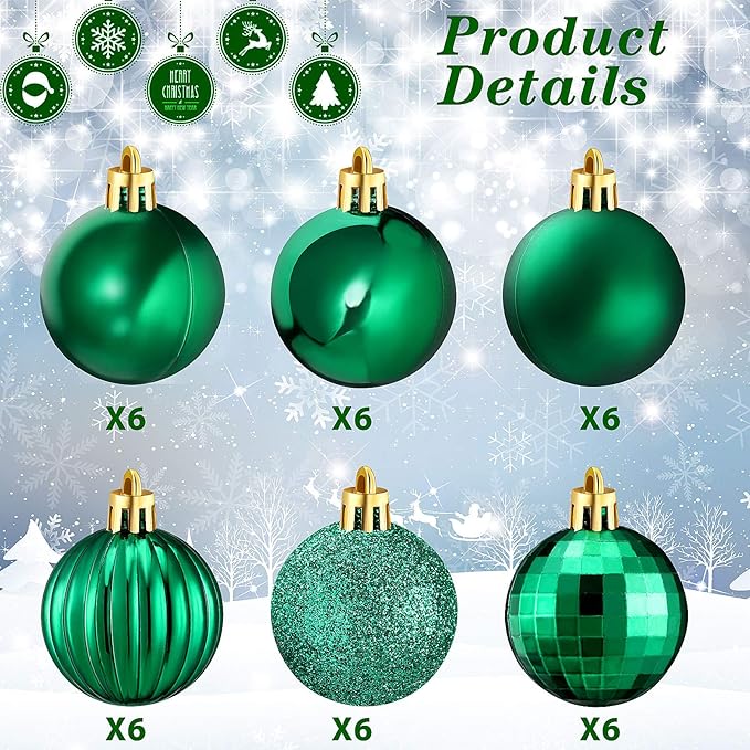 36 Pieces Christmas Ball Ornaments Shatterproof Christmas Decorations Tree Balls for Tree Ornaments Holiday Wedding Party Decoration Hooks 1.57 Inch (Green)