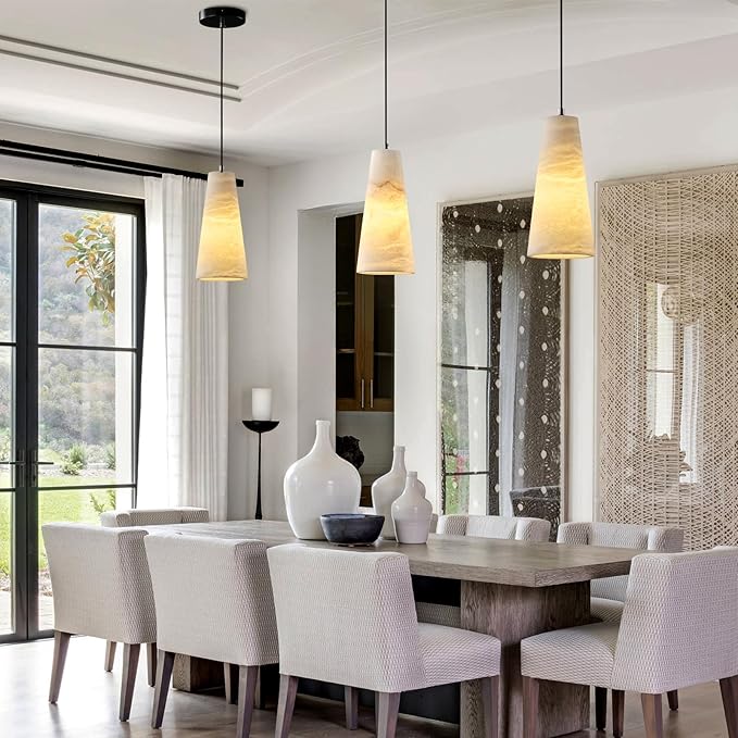 Alabaster Pendant Lights Kitchen Island,White Pendant Light Set of 2, Marble Shade Black Cone Lighting Fixtures for Bedroom Bathroom Dining Room Living Room H-10in (Bulbs INCL)
