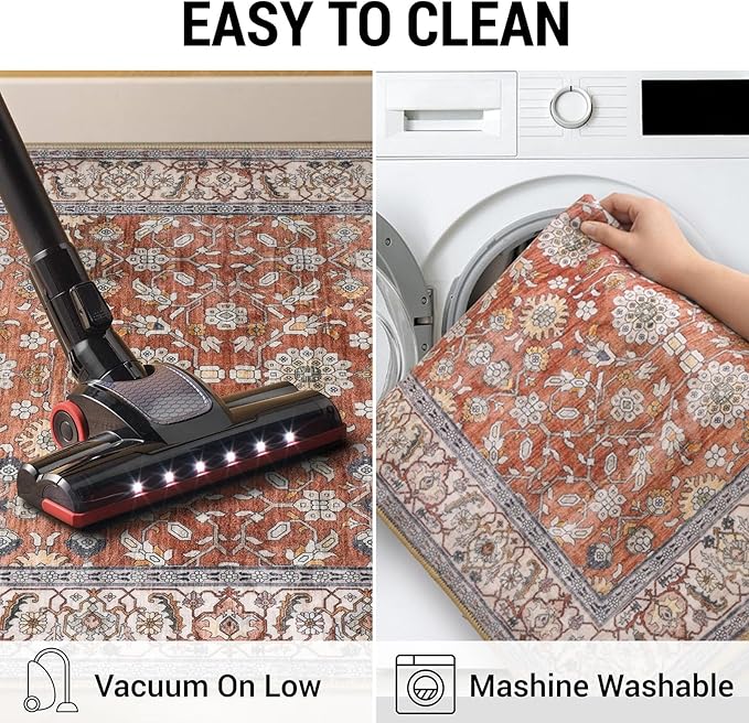KUTA 3x5 Rugs for Entryway, Vintage Floral Area Rug Washable Non-Slip Terracotta Ultra Thin Soft Printed Distressed Entry Low-Pile Throw Carpet for Bedroom Nursery Living Room