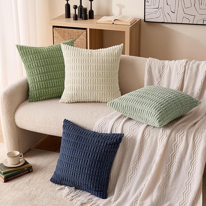 MIULEE Soft Corduroy Throw Pillow Covers Set of 4 Green Blue 18x18 Inch Modern Farmhouse Boho Decorative Accent Cushion Covers for Couch Sofa Bedroom