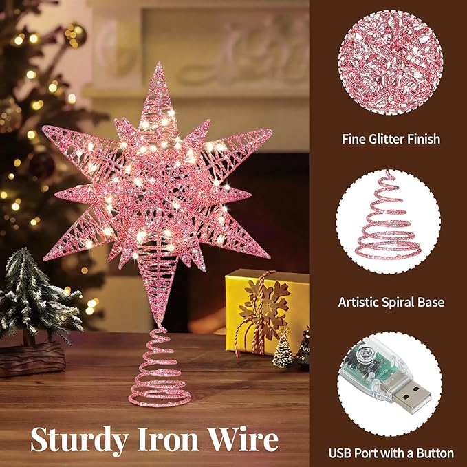 Lewondr Christmas Star Tree Topper, USB Powered Remote Controlled 11 Inch Multilayer Hexagonal Tree Topper Christmas Decor with 8 Light Modes for Home Holiday Xmas, Timer Function, Warm, Pink