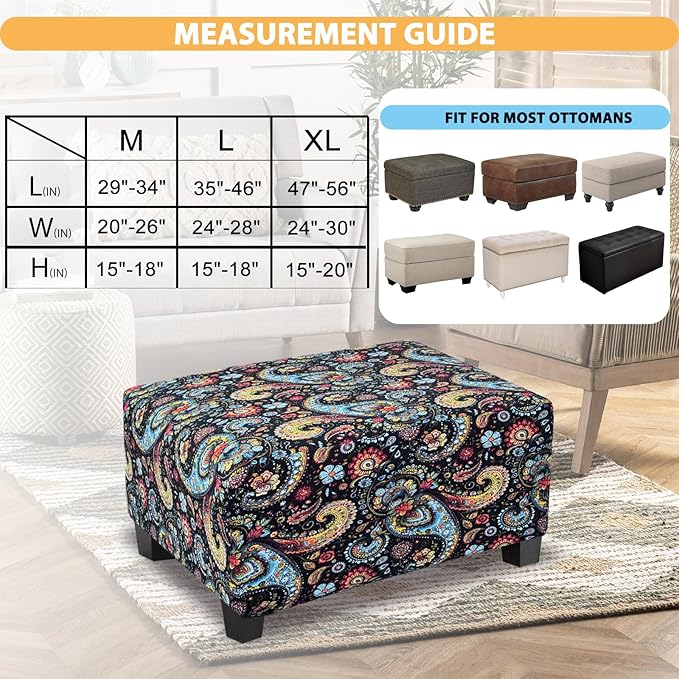 Ottoman Cover Rectangle Printed,Stretch Slipcover for Rectangular Footstool,Soft Fabric with Non-Slip Elastic Bottom,Decorative Furniture Protector for Living Room,Large,Flower F