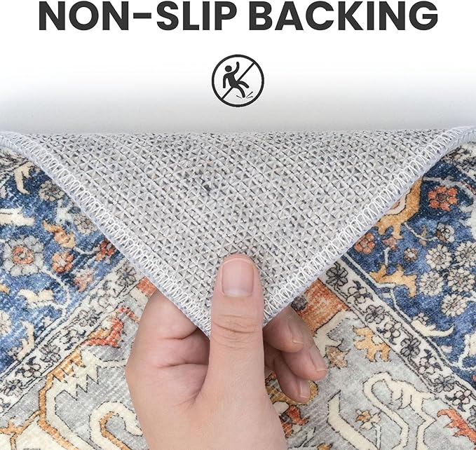 3x5 Washable Area Rug for Entryway, Ivory Blue Soft Boho Rug with Non-Slip, Low-Pile Vintage Floor Area Rugs for Living Room Bedroom Dining, Dorm Carpet with Non-Shedding