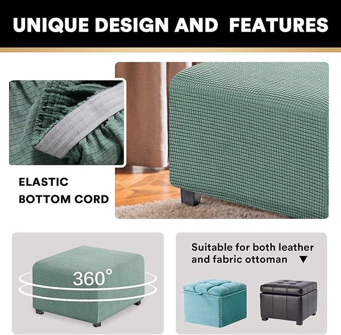PrinceDeco Stretch Ottoman Cover Ottoman Slipcovers Square for Living Room Foot Stool Stretch Covers to Fit Ottoman Foot Rest, Thick Checked Jacquard Fabric with Elastic Bottom (Medium Size, Sage)