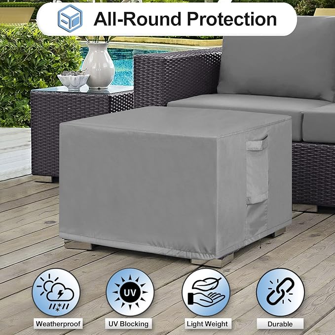 OutdoorLines Outdoor Waterproof Patio Ottoman Covers - Rectangle UV-Proof Patio Side Table Cover Windproof Heavy-Duty Furniture Covering Protector 34L x 24W x 17H Inch, Grey