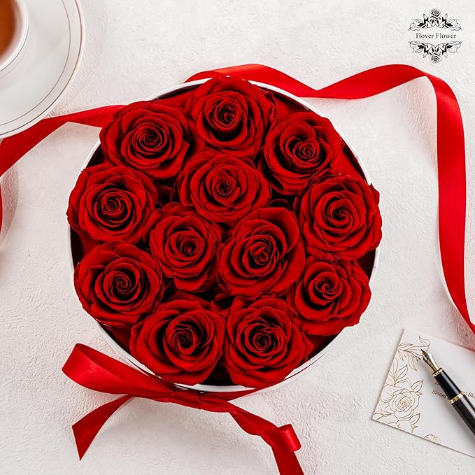 Preserved Roses in a Box, Blooming Real Roses Decor, Eternal Flowers for Delivery Prime, Best Gifts Birthday, Wedding, Anniversary, Mother's Day for Her, 12-Pieces (Red)