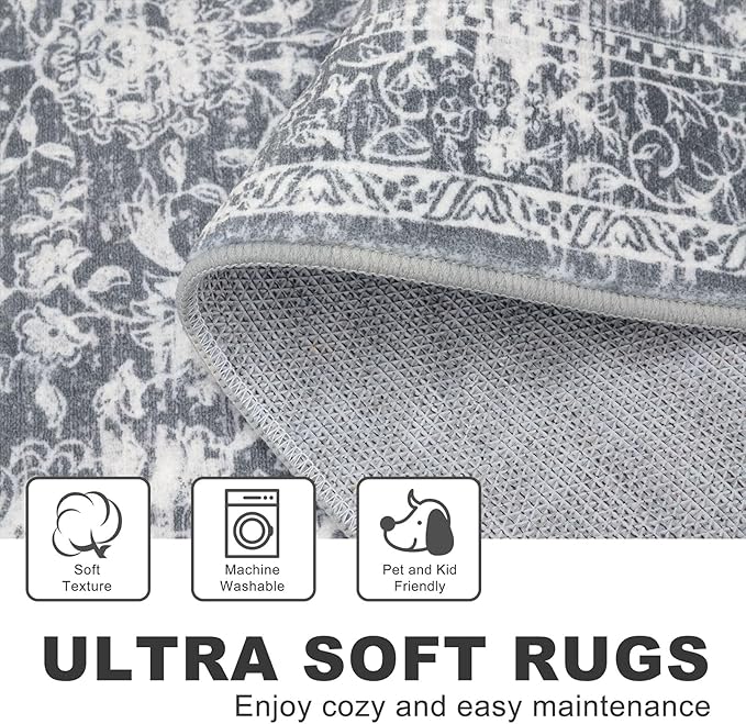 KILOCOCO Hallway Runner 2x7 Rug Runner Printed Vintage Floral Washable Kitchen Runners Non-Slip Rubber Backed Runners for Hallways Laundry Room Distressed Boho Rugs for Entryway Bedroom, Grey