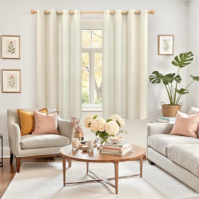 YoungsTex Beige Linen Semi Sheer Curtains 54 Inches Length for Short Windows, Light Filtering Drapes with Grommet Rustic Privacy for Bathroom Kitchen Bedroom, 2 Panels, 52 X 54 Inch