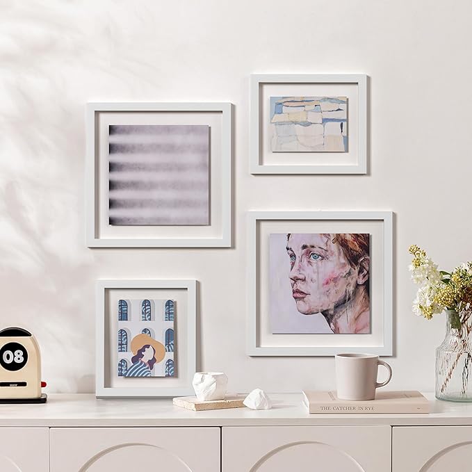 eletecpro 12x12 Floating Picture Frames Set of 2, Clear Double Glass Picture Frames for Wall Mount, Display Multi-size Photos and Artworks up to 12x12 Inches, Home Decor, White
