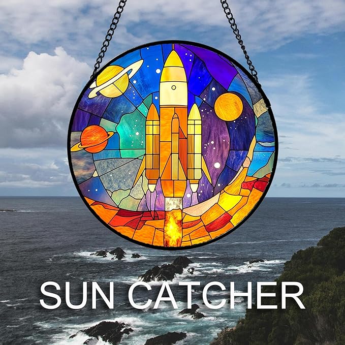 Stained Glass Window Hanging Abstract Universe Planetary Rocket 7.8" - Suncatcher Door Garden Sun Catcher Home Decor Birthday Children's for Men Teenage Boys Kids