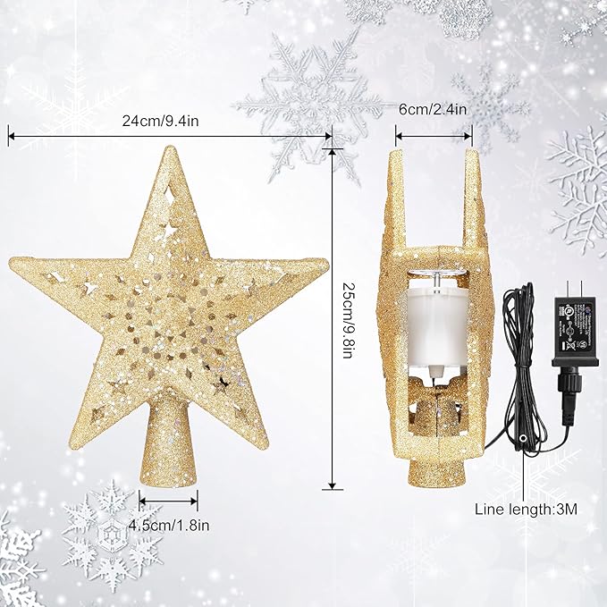 BLOOMWIN Christmas Tree Topper Lighted with Snowflake Projector, LED Rotating Hollow Snowflake, 3D Glitter Lighted Gold Star Tree Topper for Xmas Tree Festival Decorations Lights