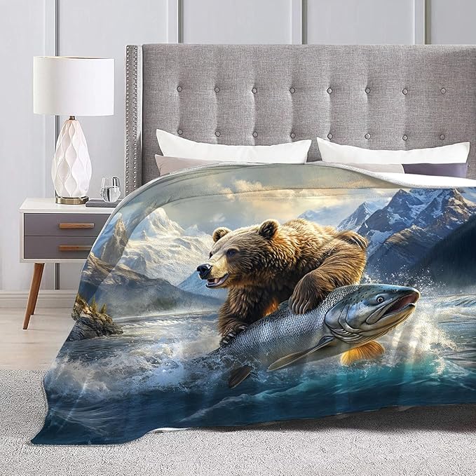 Tijuboni Bear Fish Throw Blanket Cabin Bear Gifts for Women Men Girls Boys Kids Adults Soft Flannel Fleece Blanket for Couch Sofa Bed Home Decor 60"x80"