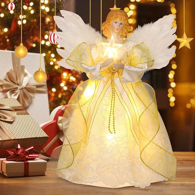 12.5" Angel Christmas Tree Topper with Lights, Lighted Angel Tree Topper with White Feather Wings and Star Light, Remote Control, Timer & USB Powered for Indoor Holiday Tree Decoration