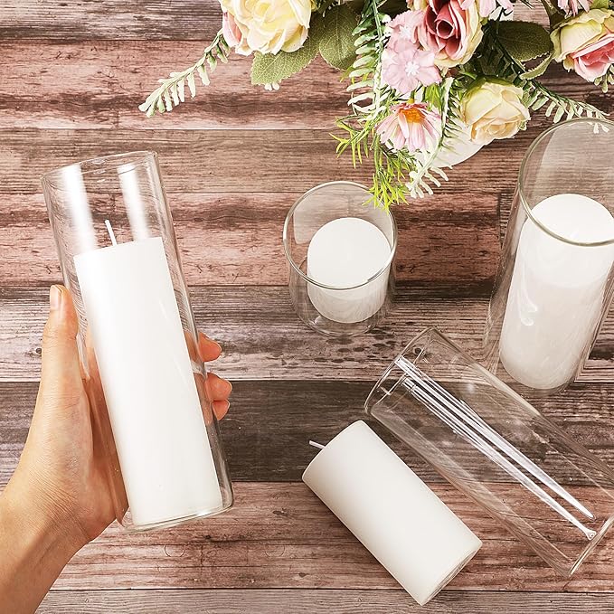 Shihanee Set of 4 White Pillar Candles and Glass Cylinder Vases 4 Sizes Clear Cylinder Candle Holders for Pillar Candles Home Table Centerpieces Decoration (2.6'' X 3.9'',5.9'',7.9'',9.8'')