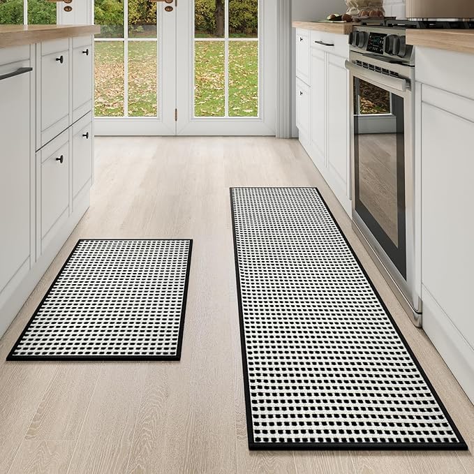 Kitchen Mat Kitchen Rugs Sets of 2 PCS Non Slip Washable, Super Absorbent Soft Braided Kitchen Mats for Floor, Rubber Backing Comfort Standing Kitchen Sink Mat Runner Rug, Black 17"x28"+17"x59"