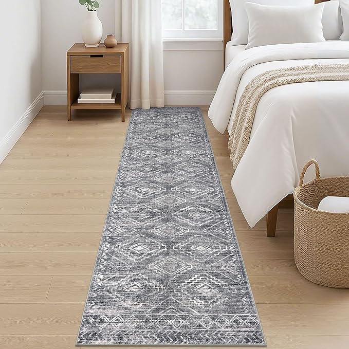 KILOCOCO Hallway Runner Rug 2'x8' Runners for Hallways Washable Runner Rug Non Slip Rubber Backed Low-Pile Runners for Bedroom Kitchen Living Room Laundry Room Boho Rugs, Grey