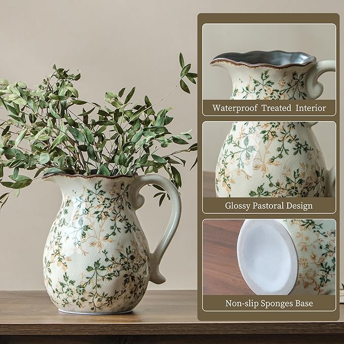Green and White Vintage Vase with Handle, Chinoiserie Floral Pitcher Vase, Rustic Ceramic Farmhouse Vases for Home Decor, Living Room, Bookshelf, Office, Grand Millennial Decors, Tuscan Decor 7.9 Inch