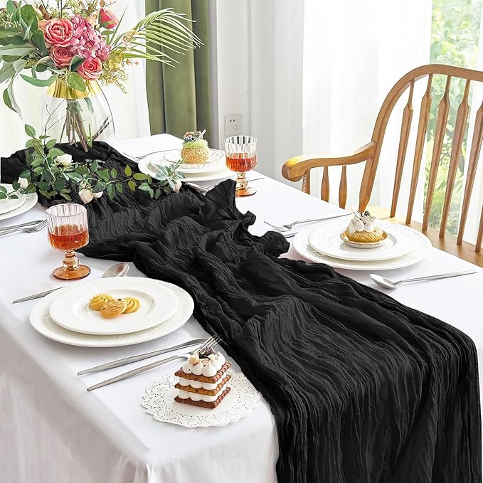 IVAPUPU 10 Pcs Cheesecloth Halloween Table Runner - 10ft Black Boho Gauze Black Cheese Cloth Table Runners for Halloween Decor Indoor Baby Shower Decoration Wedding Party Summer Garden Farmhouse