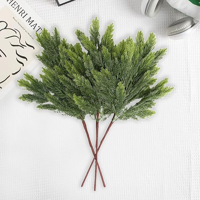 joyhalo 24 Pcs Artificial Real Touch Cedar Stems, 18" Christmas Cedar Pine Branches Faux Greenery Stems for Vases, Outdoor Planters, Christmas Trees and Outdoor Home Decor