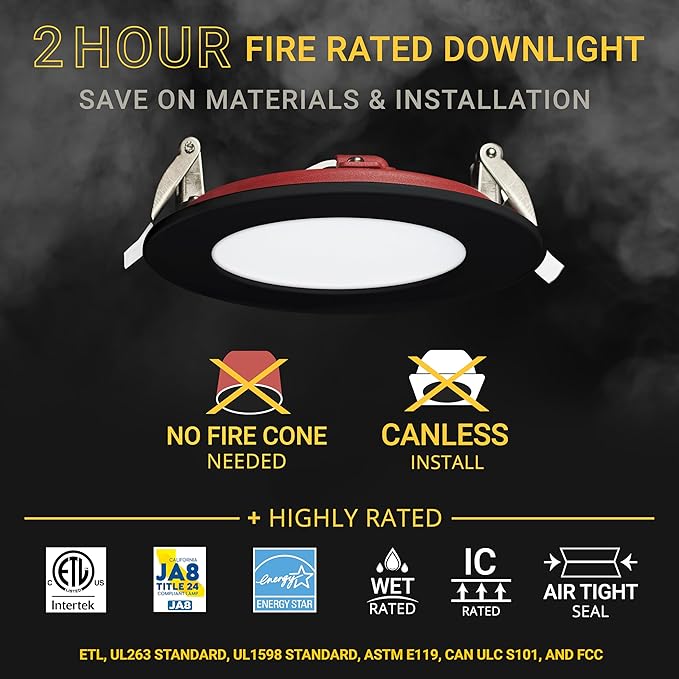 NUWATT 2 Hour Fire Rated Recessed Lighting 4 Inch Wafer LED Lights, 5 CCT 2700K/3000K/3500K/4000K/5000K, Wet & IC Rated, CRI 90 Black Recessed Lighs, 12W, Dimmable 900LM, No Tenmat Needed, ETL, 6 Pack